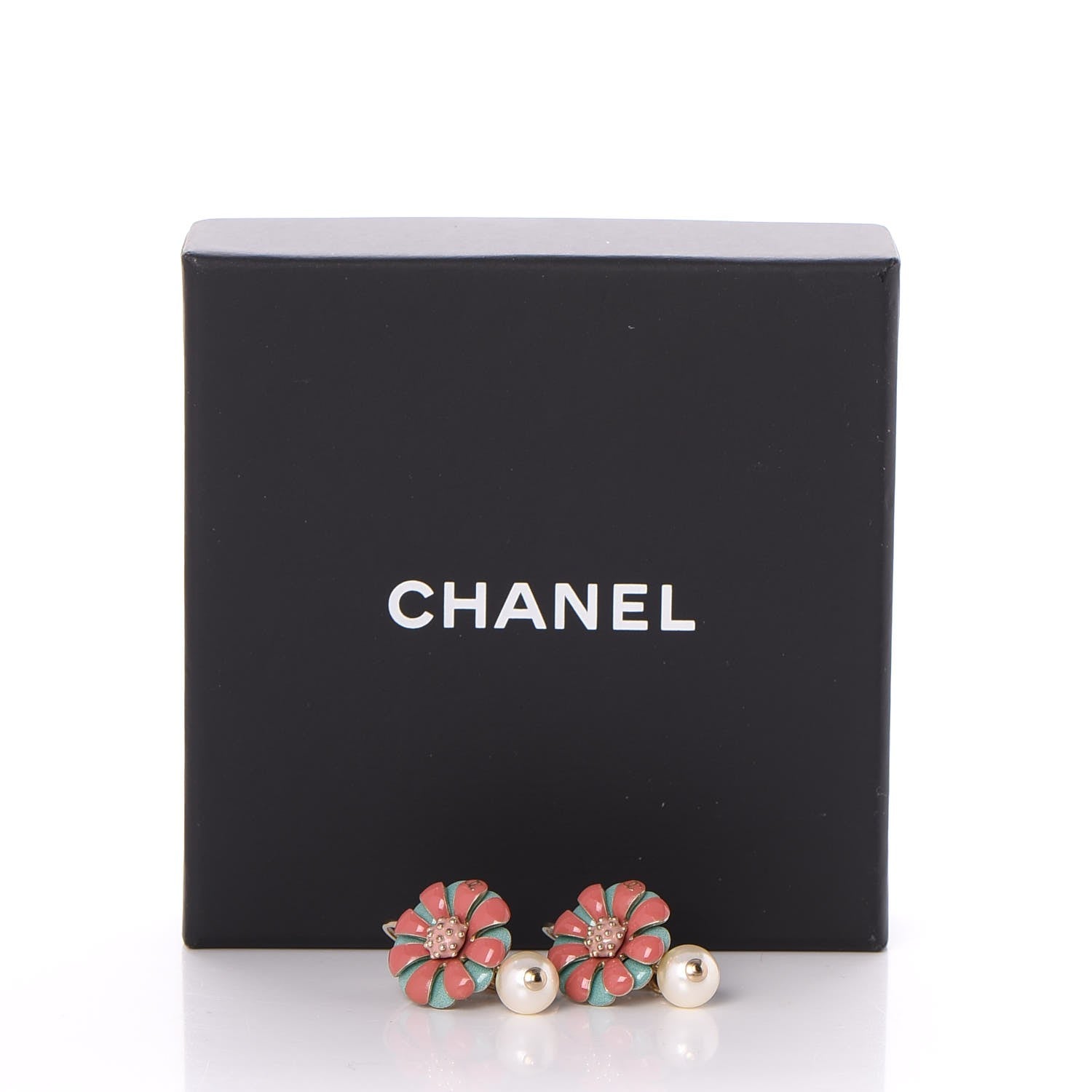 Chanel Enamel Pearl Flower Drop Earrings Light Gold 5 of 5