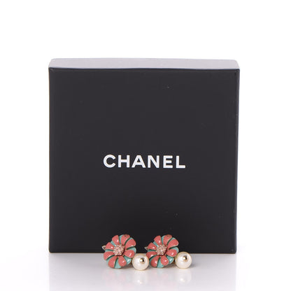 Chanel Enamel Pearl Flower Drop Earrings Light Gold 5 of 5