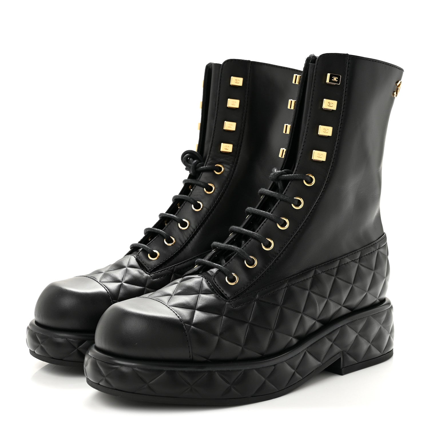 Chanel Calfskin Quilted Lace Up Combat Boots 38 Black 4 of 10