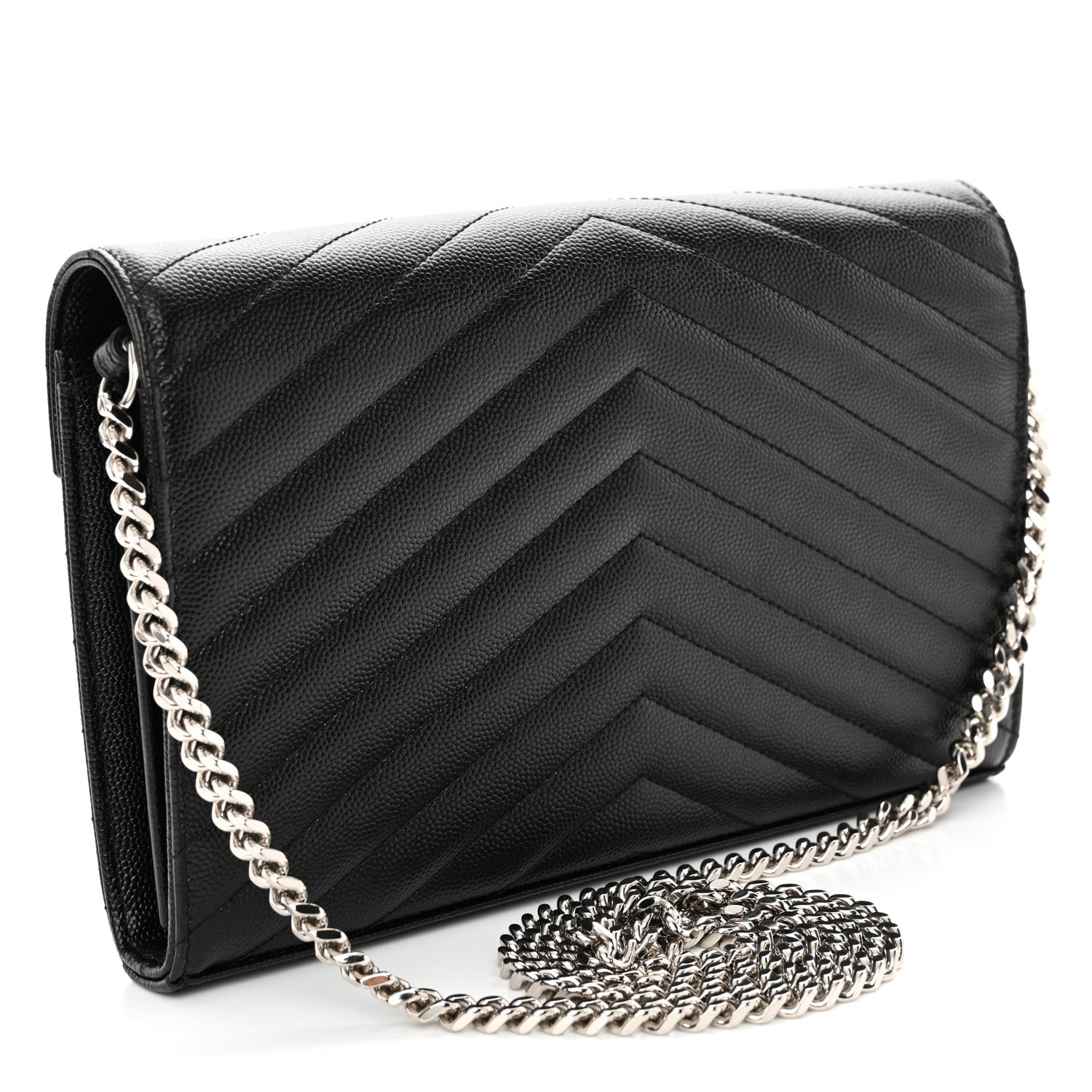 Saint Laurent Grain De Poudre Matelasse Chevron Monogram Chain Wallet Black 3 of 10