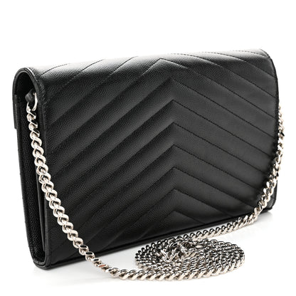 Saint Laurent Grain De Poudre Matelasse Chevron Monogram Chain Wallet Black 3 of 10