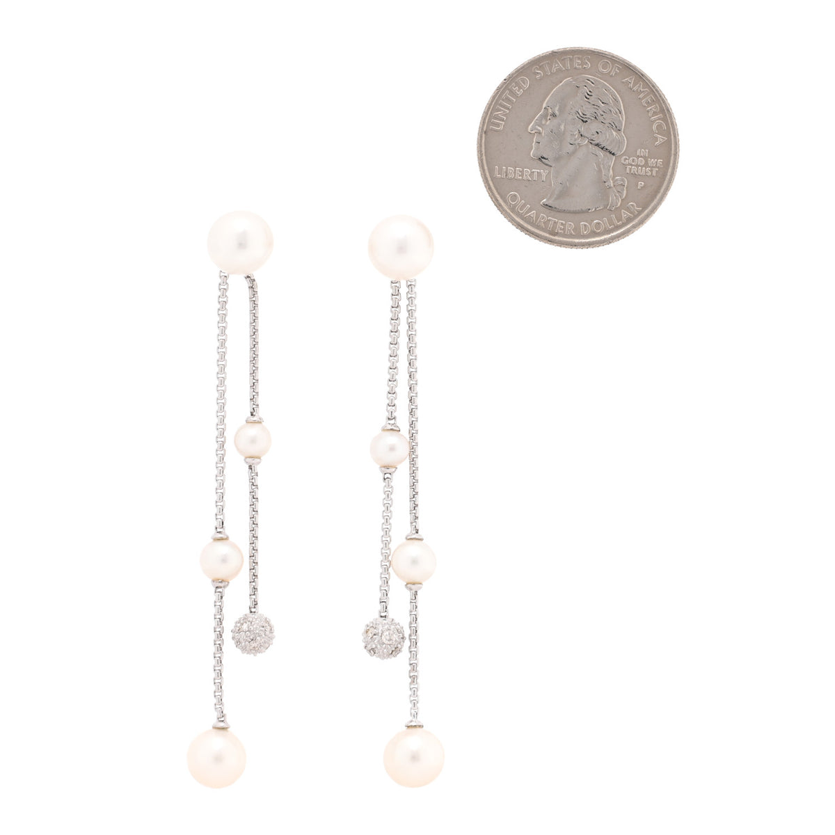 Sterling Silver Diamond Cultured Pearl Two Row Pave Drop Earrings