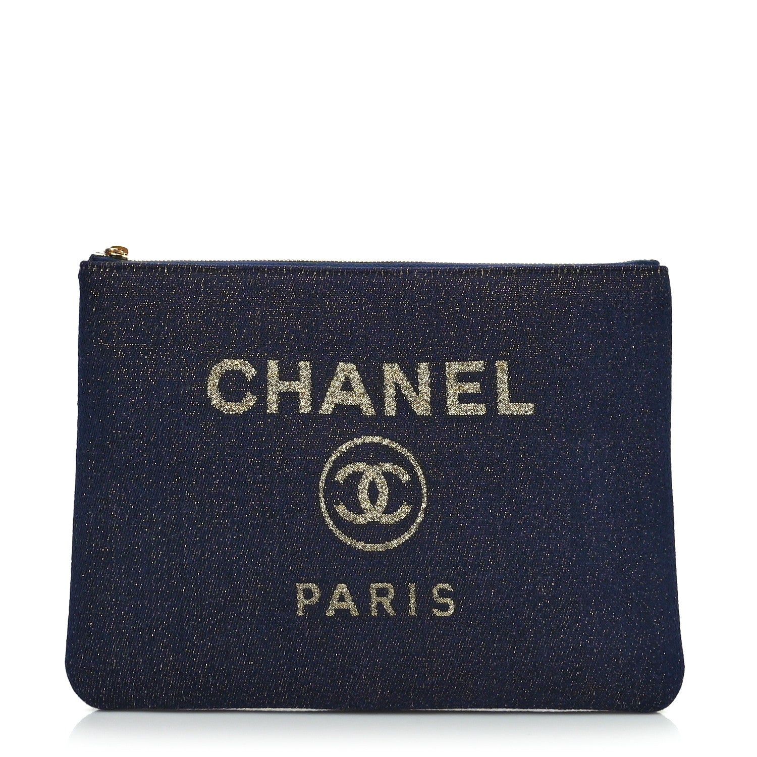 Chanel Lurex Canvas Medium Deauville Cosmetic Pouch Navy Blue Gold 1 of 11