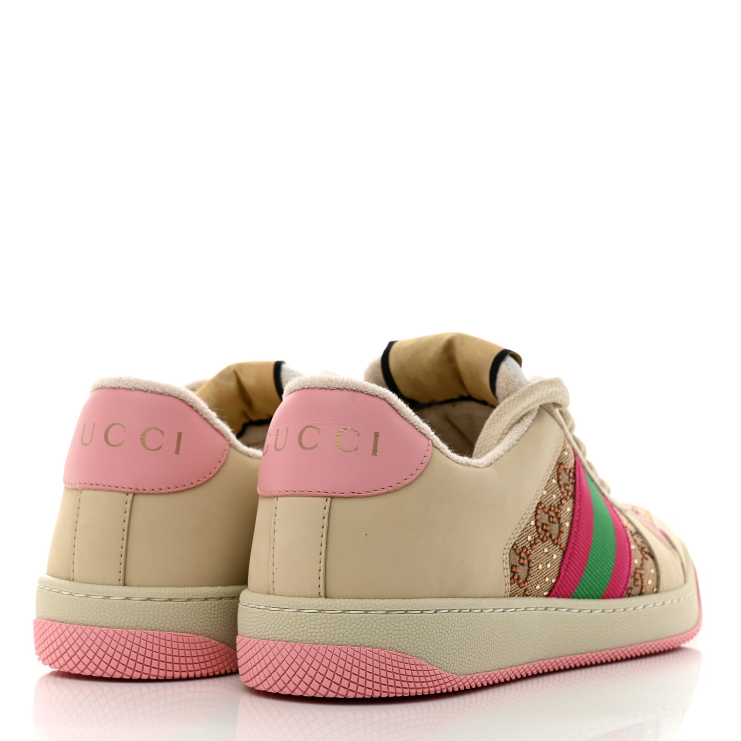 New GG Monogram Nubuck Web Crystal Embellished Womens Screener Sneakers 39 Camel Ebony Wild Rose