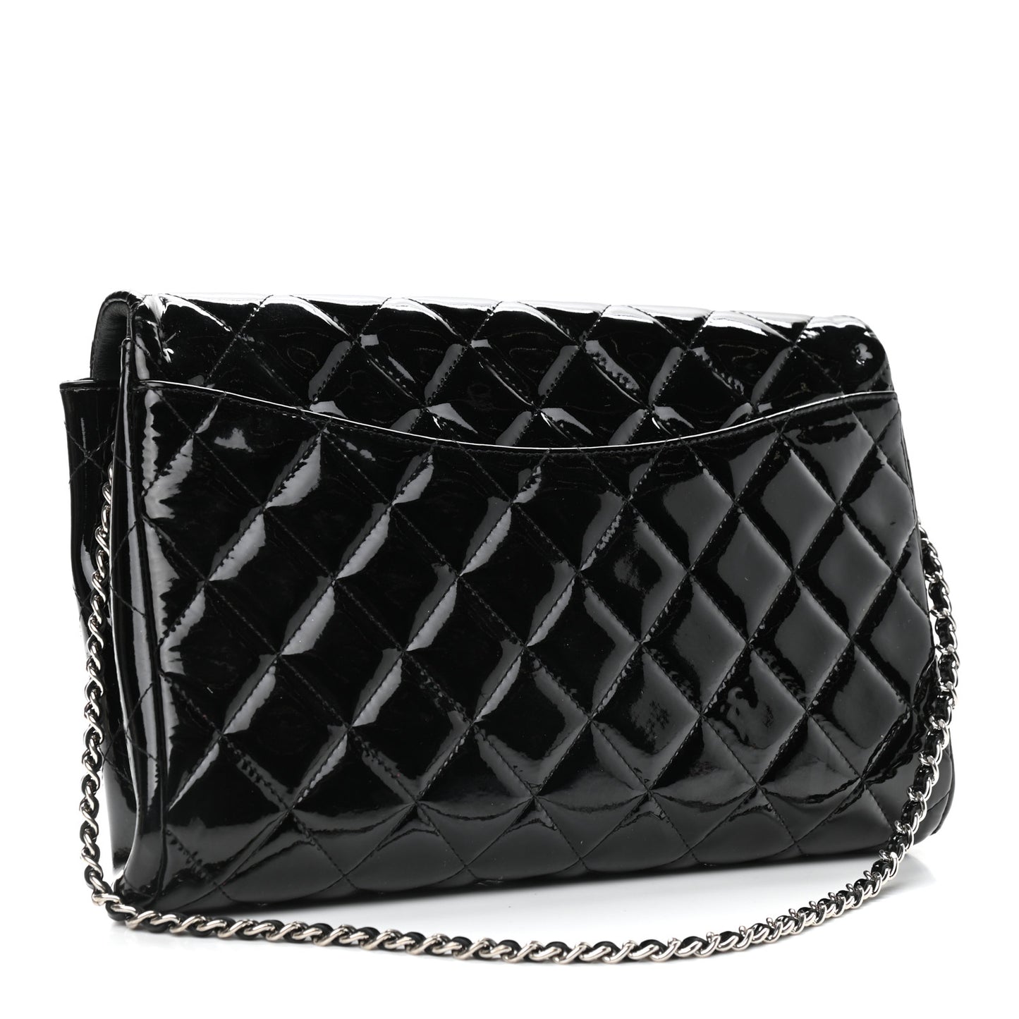 Patent Quilted Clutch with Chain Flap Black