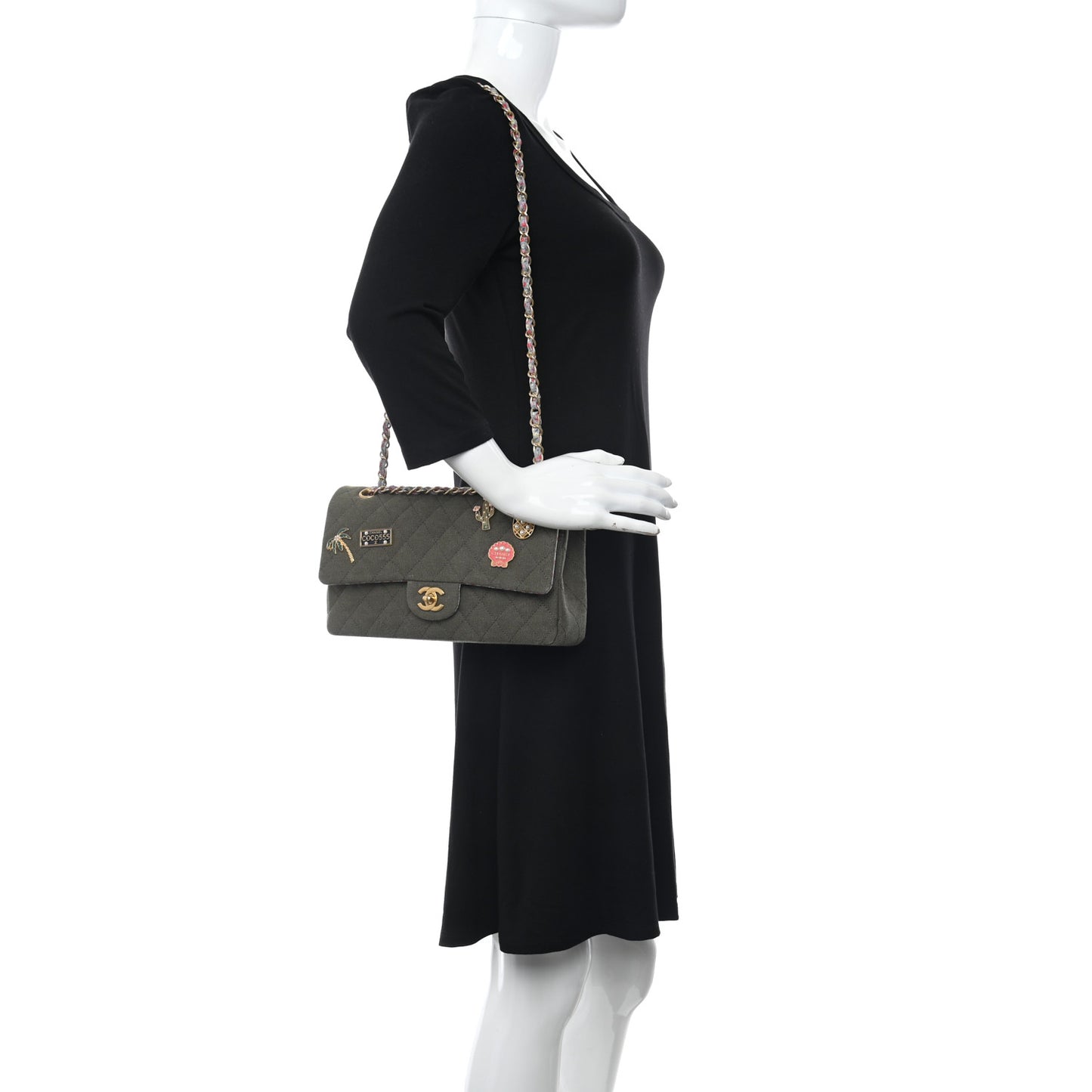 Canvas Quilted Coco Cuba Charms Medium Double Flap Khaki