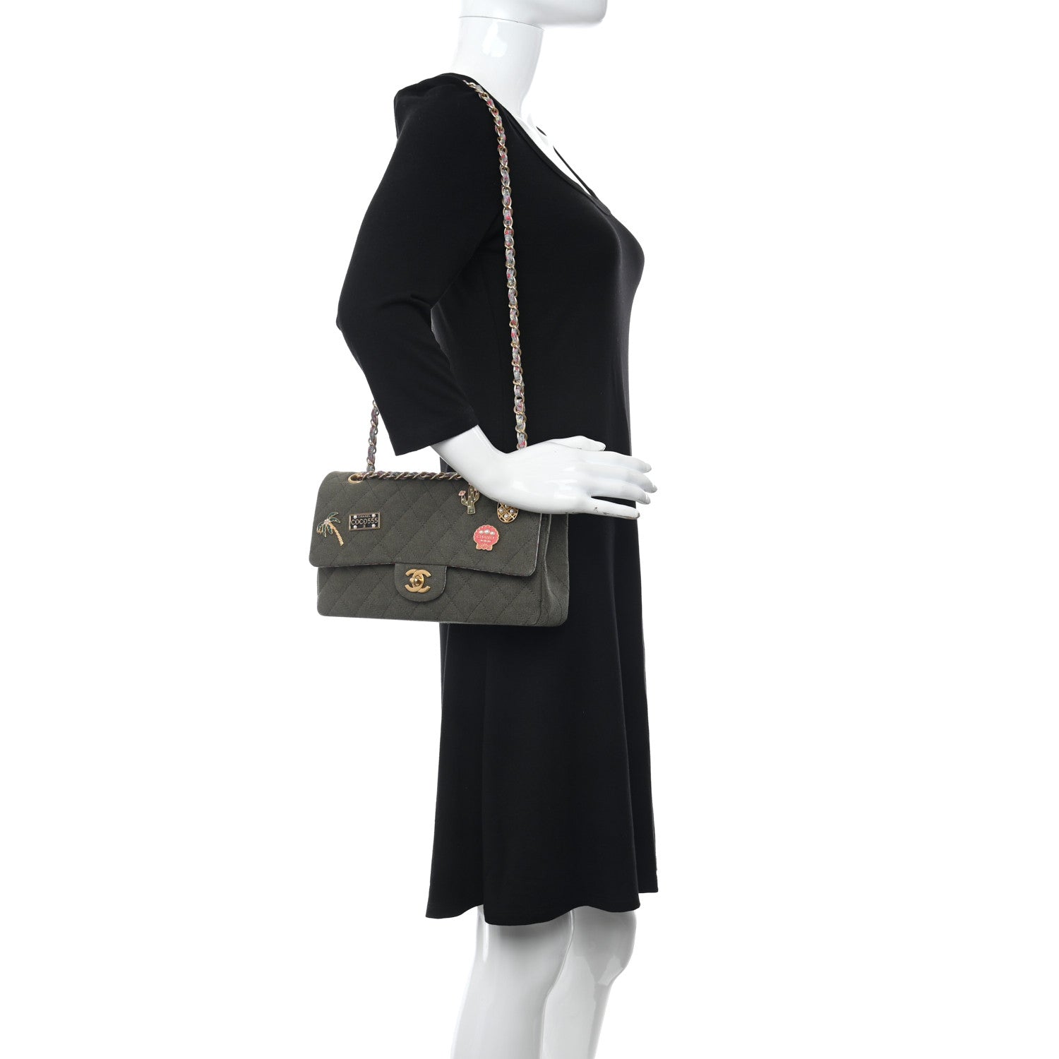 Chanel Canvas Quilted Coco Cuba Charms Medium Double Flap Khaki 2 of 10