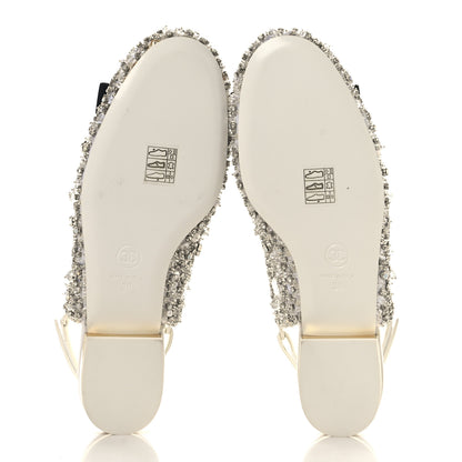 Chanel Satin Crystal Lambskin Grossgrain Bow CC Slingback Flats 38 White Black 6 of 10
