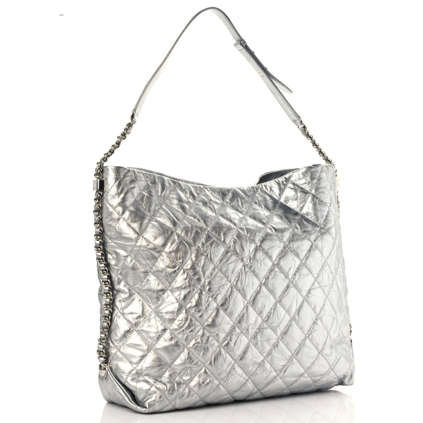 Metallic Crackled Calfskin Quilted Hobo Silver