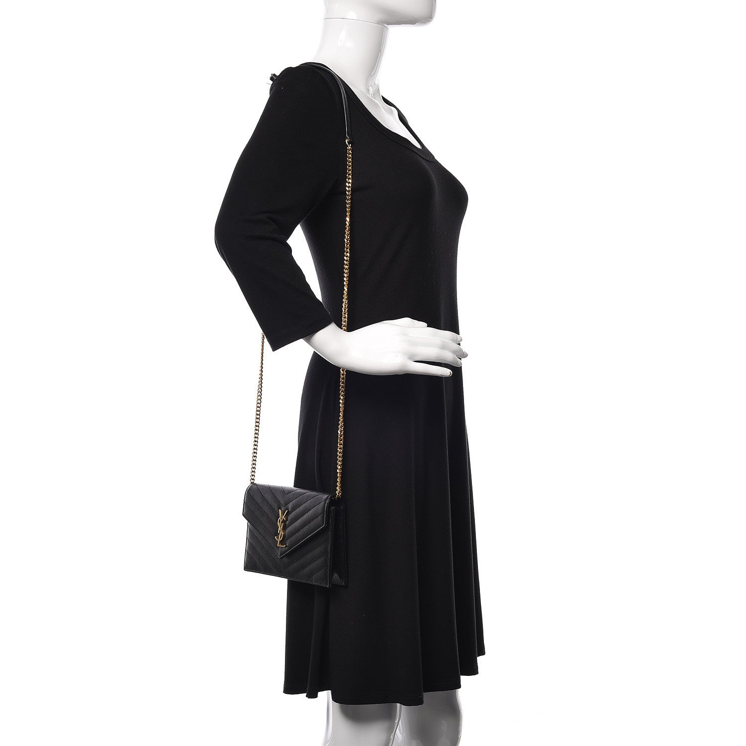 Saint Laurent Grain De Poudre Matelasse Chevron Monogram Envelope Chain Wallet Black 2 of 10