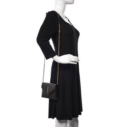 Saint Laurent Grain De Poudre Matelasse Chevron Monogram Envelope Chain Wallet Black 2 of 10