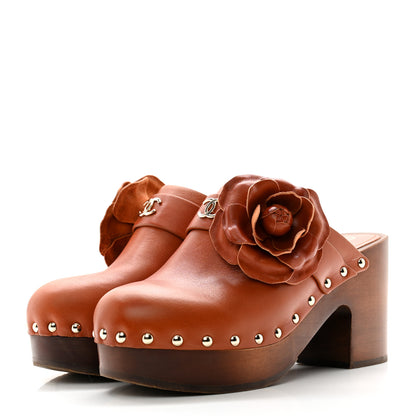 Chanel Calfskin Camellia Clogs 37 Brown 3 of 11