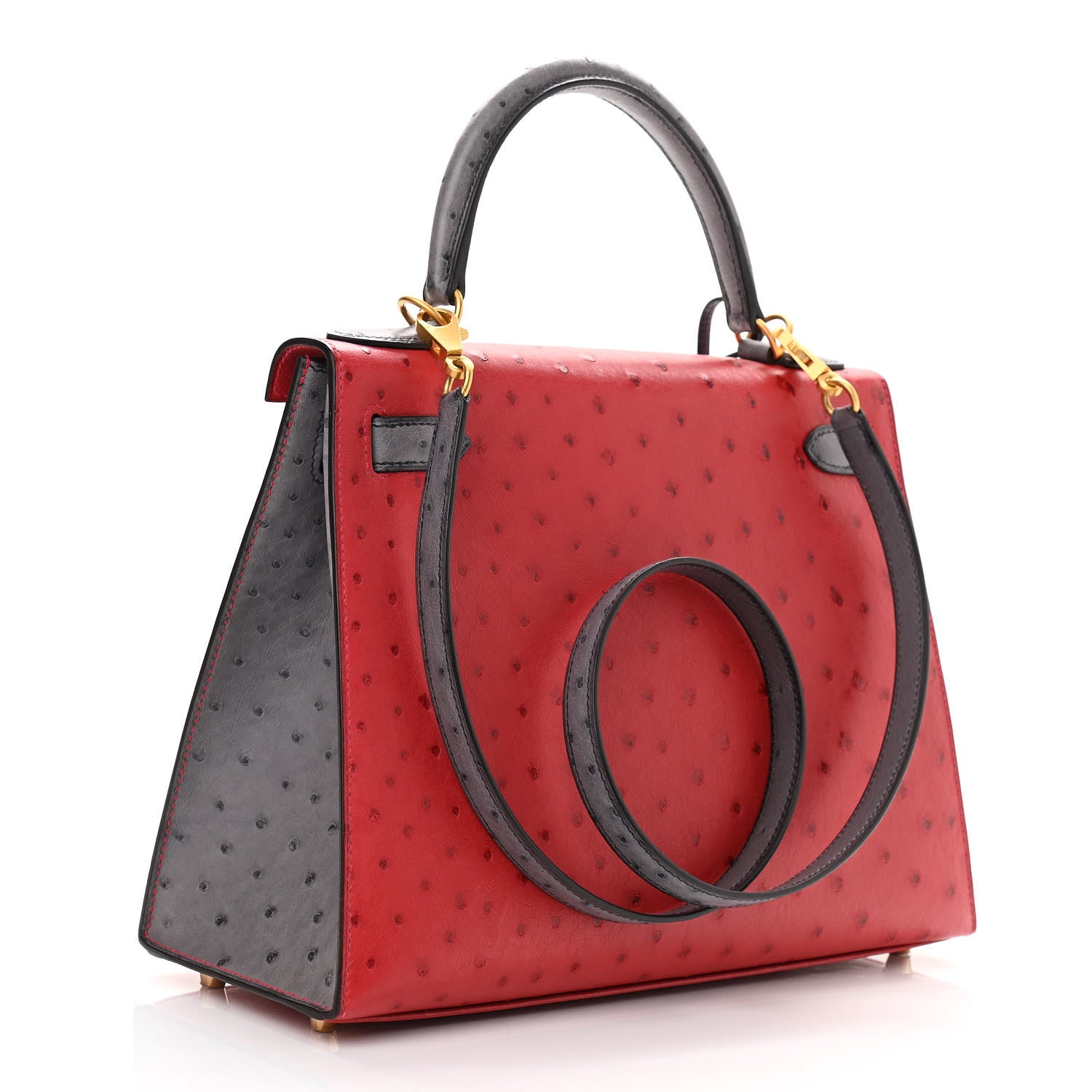 Hermes Ostrich Horseshoe Kelly Sellier 28 Rouge Vif Gris Agate 3 of 11