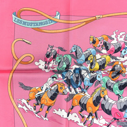 Hermes Silk Les Mustangs Double Face Scarf 90 Rose Vif Bleu Multicolor 6 of 6