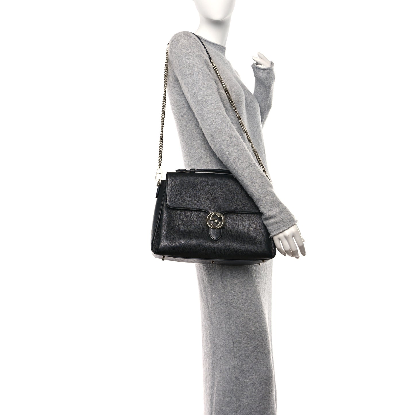 Dollar Calfskin Medium Interlocking G Top Handle Shoulder Bag Black