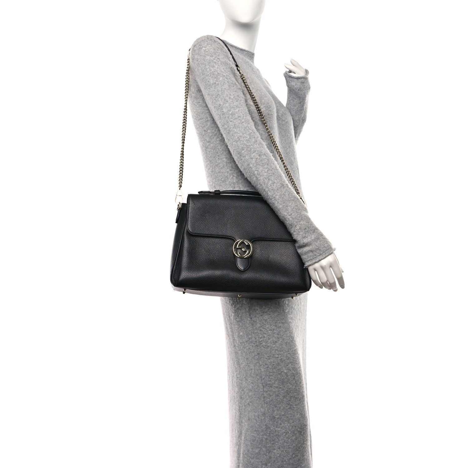 Gucci Dollar Calfskin Medium Interlocking G Top Handle Shoulder Bag Black 2 of 14