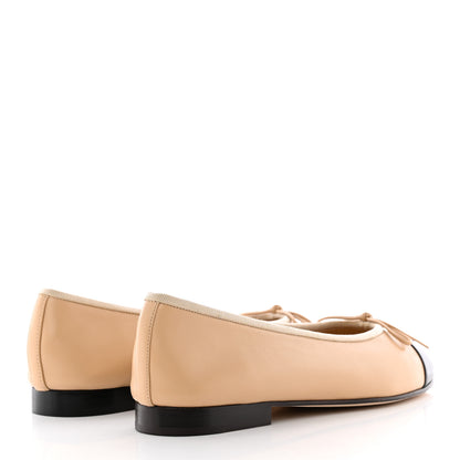 Chanel Lambskin Cap Toe CC Ballerina Flats 37.5 Beige Black 4 of 13