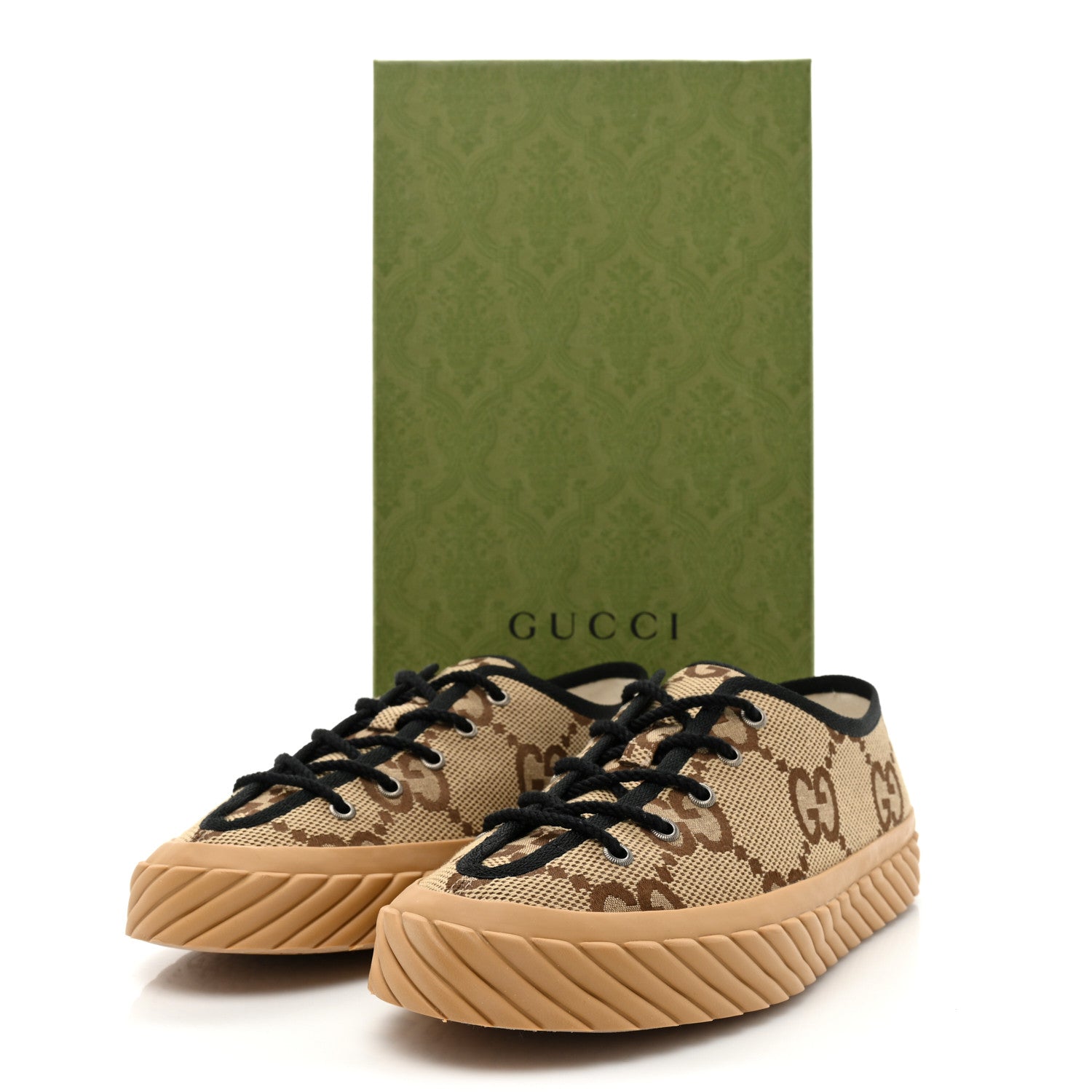 Gucci Monogram Jumbo GG New Lace Papin Mens Tortuga Low Top Sneakers 8.5 Camel Ebony Black 9 of 9