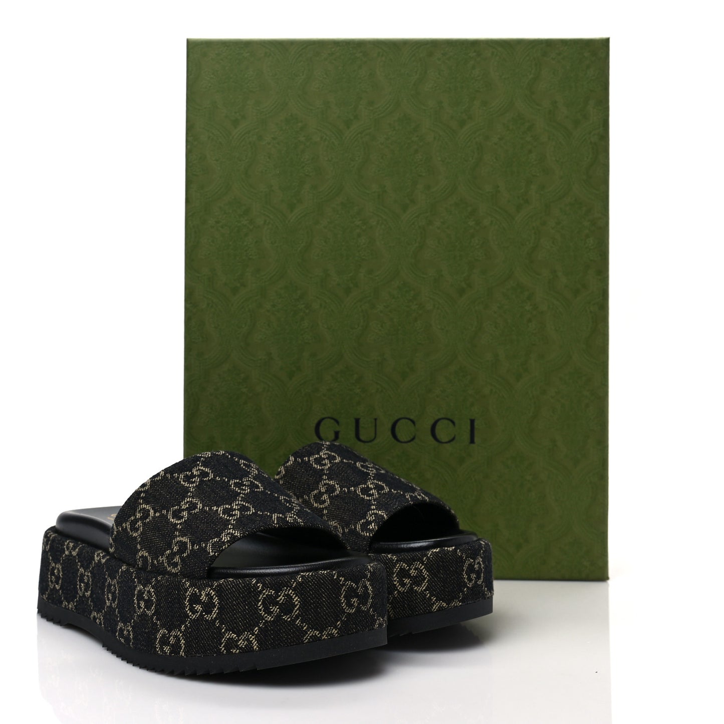 Jacquard Black Denim GG Monogram Angelina Platform 55mm Slide Sandals 35.5 Black Ivory