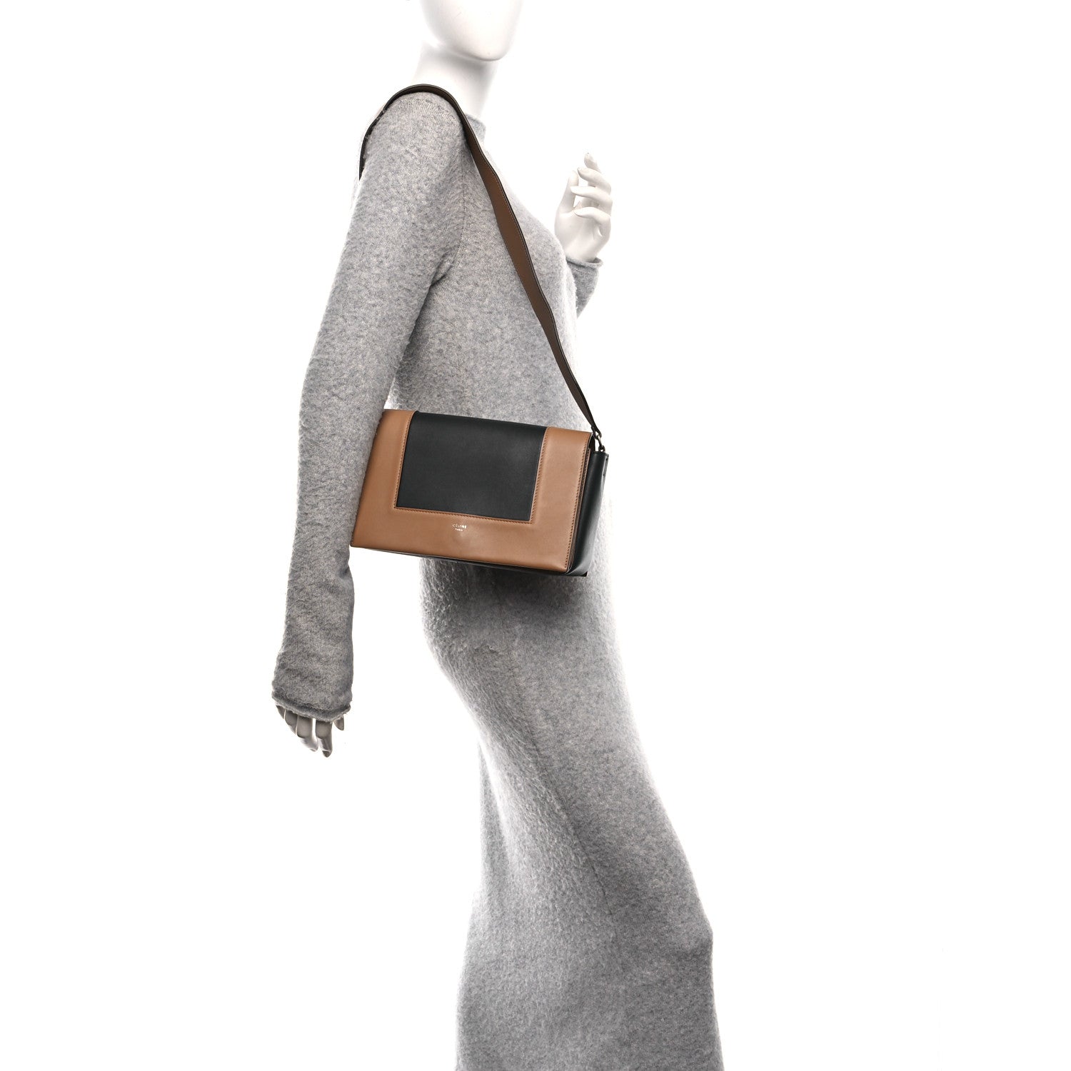 Celine Shiny Smooth Calfskin Medium Frame Shoulder Bag Tan Navy 2 of 10