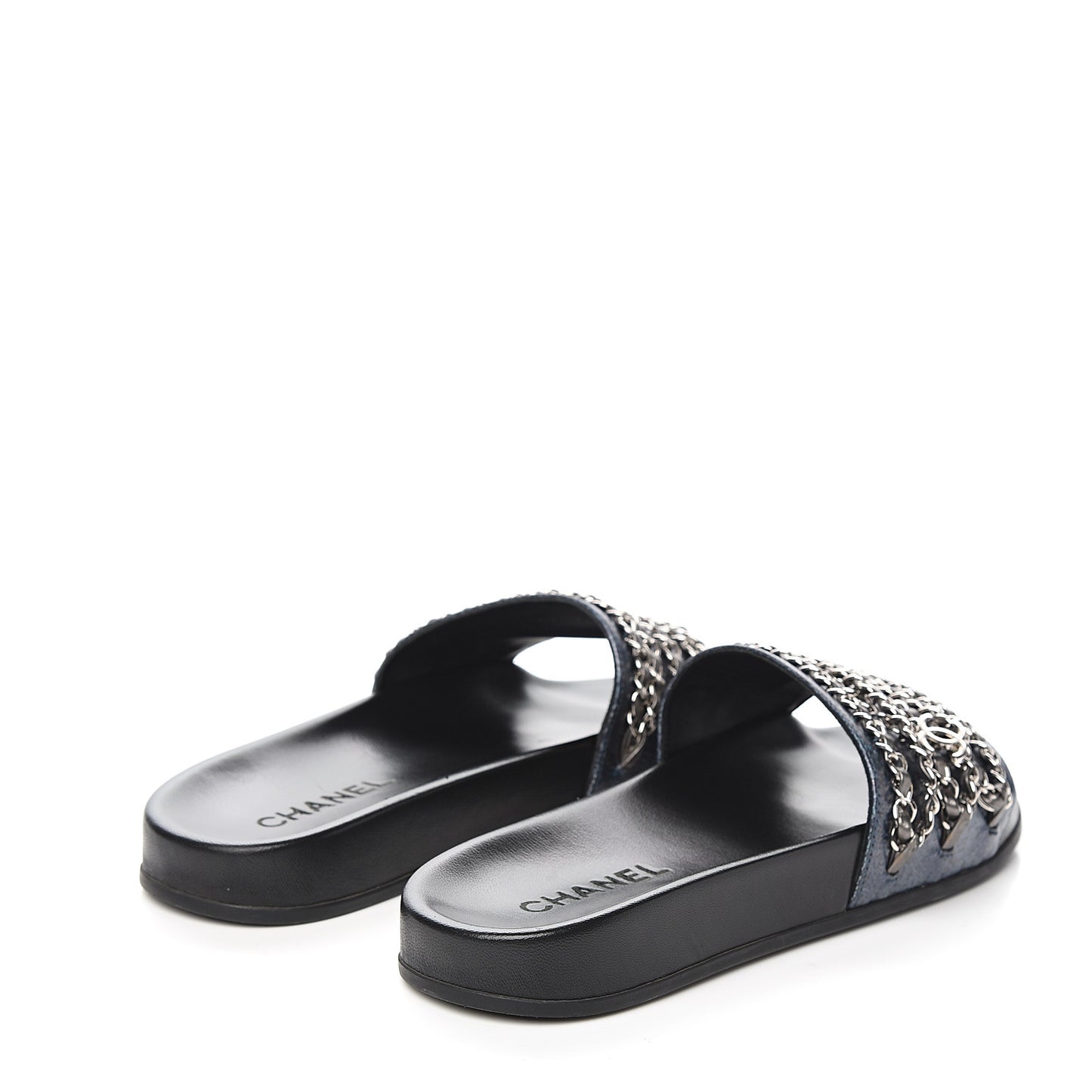 Lambskin Chain Slides Sandals Flats 39 Silver