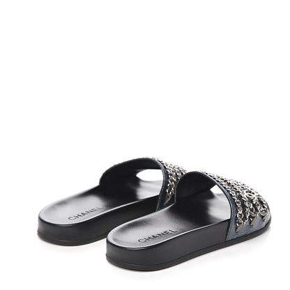 Chanel Lambskin Chain Slides Sandals Flats 39 Silver 4 of 9