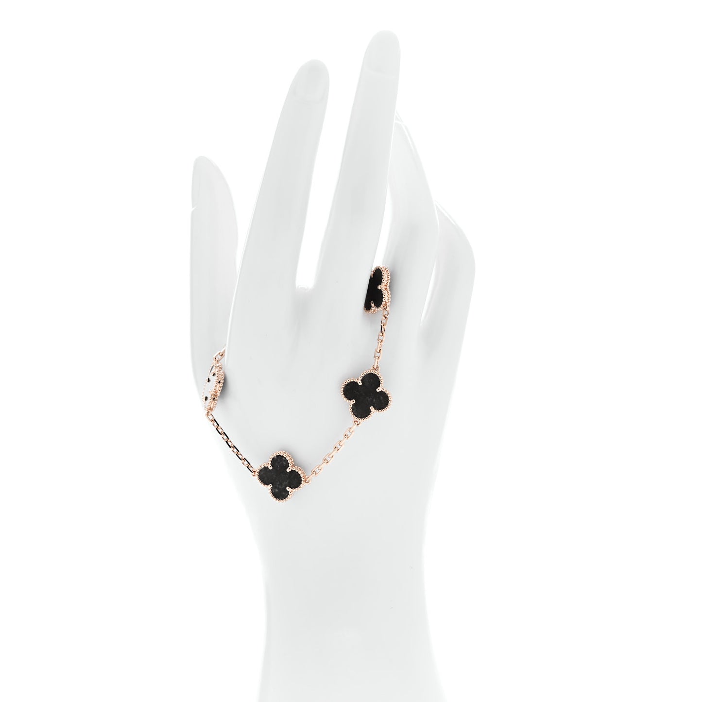 18K Rose Gold Silver Obsidian 5 Motifs Vintage Alhambra Bracelet
