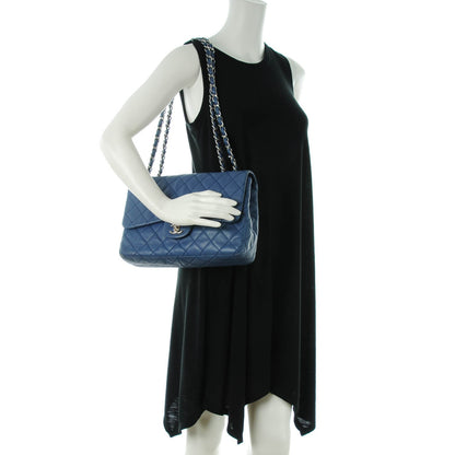 Chanel Washed Caviar Quilted Jumbo Single Flap Blue 2 of 8