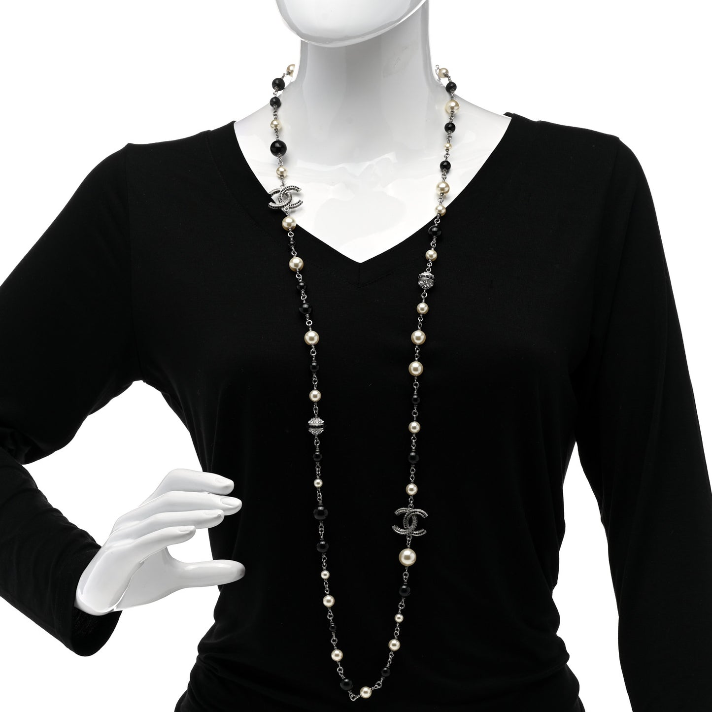 Pearl Crystal Bead CC Long Necklace Black Silver
