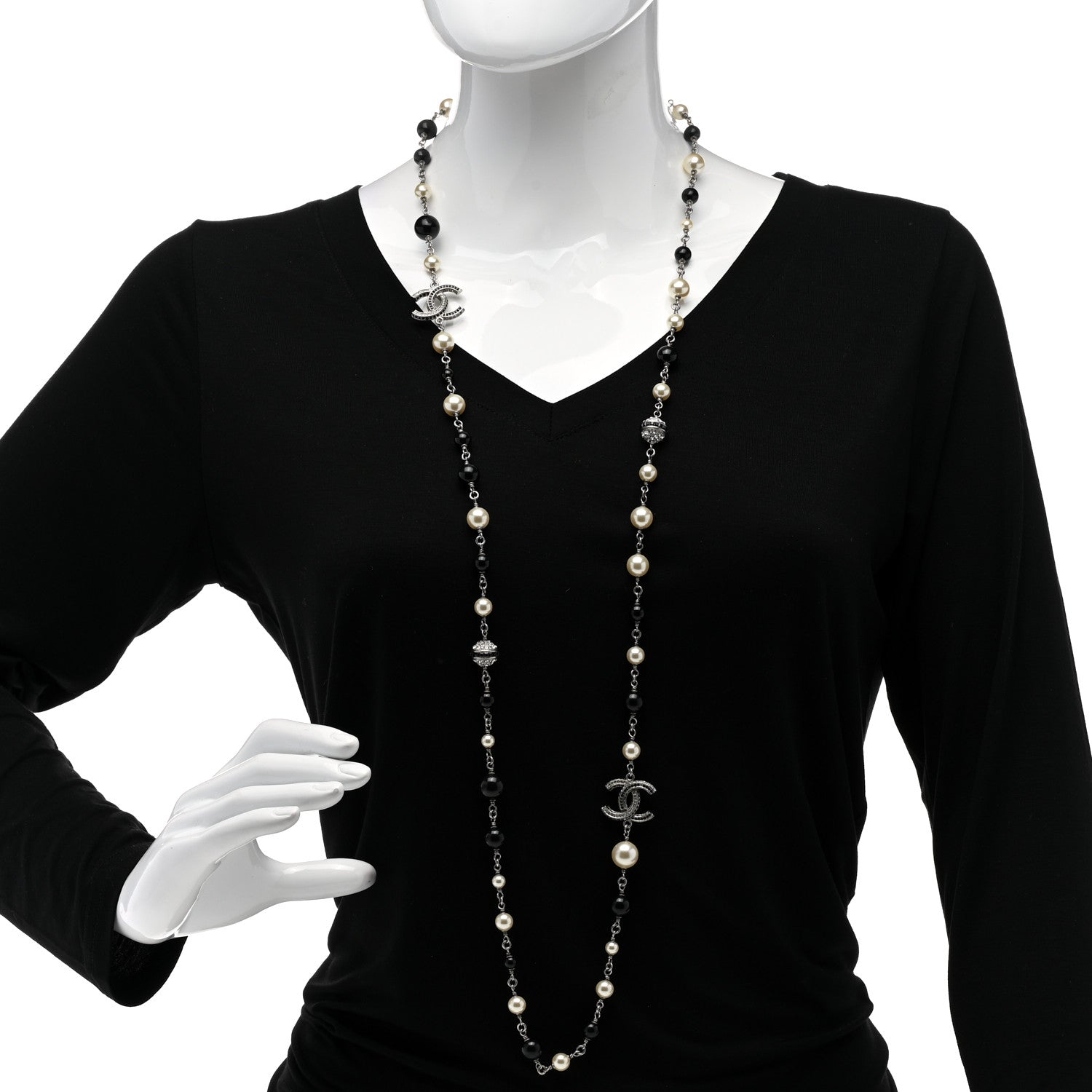 Chanel Pearl Crystal Bead CC Long Necklace Black Silver 2 of 6