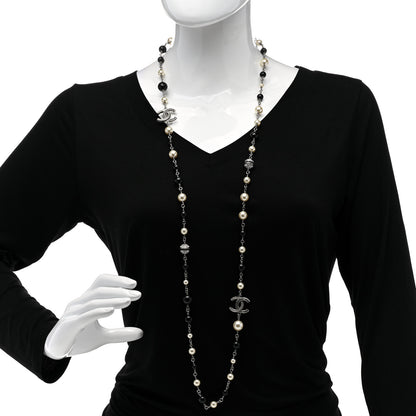 Chanel Pearl Crystal Bead CC Long Necklace Black Silver 2 of 6