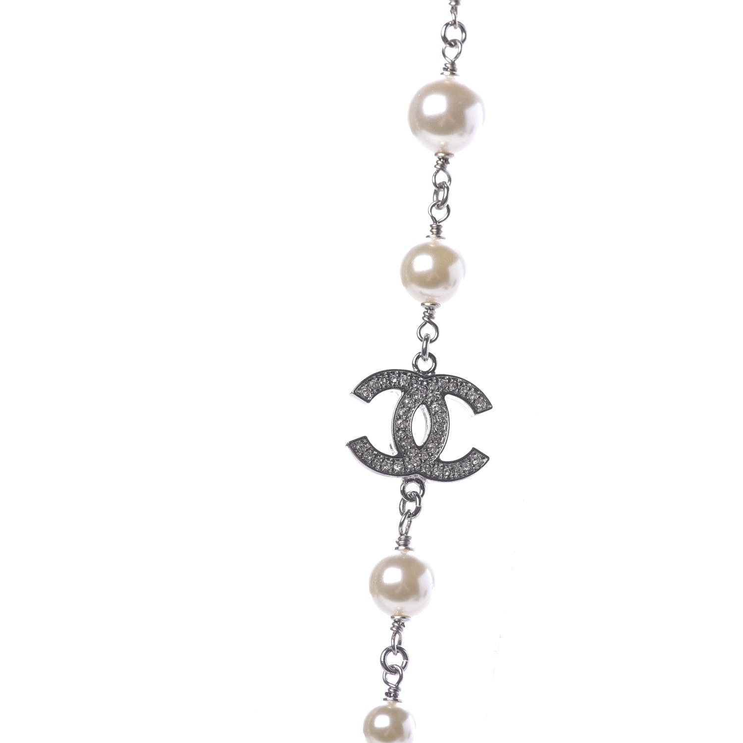 Chanel Graduated Pearl Crystal CC Long Necklace Silver 4 of 6