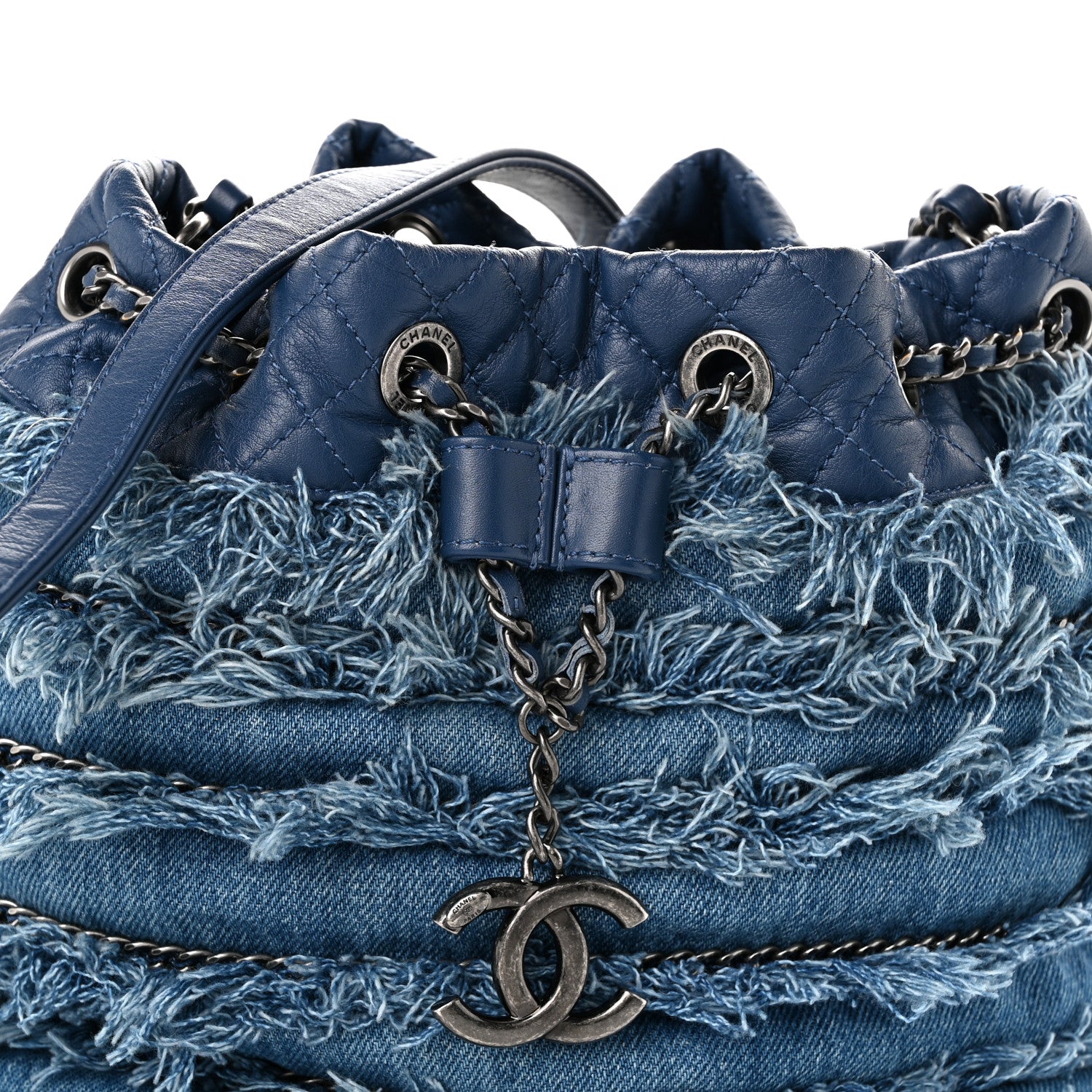 Chanel Calfskin Denim Fringe Chains CC Drawstring Bucket Bag Blue 7 of 9