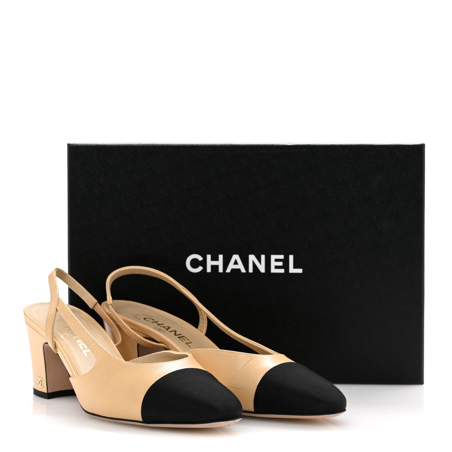 Goatskin Grosgrain Cap Toe CC Slingback Pumps 39 Beige Black