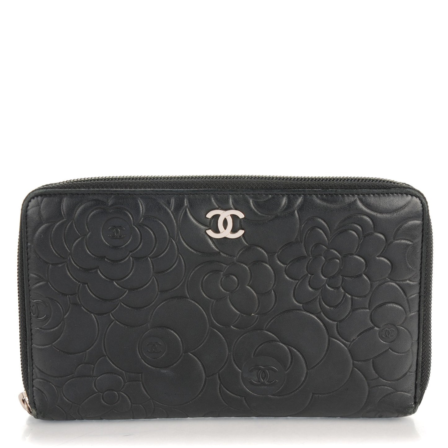 Lambskin Camellia Embossed Zip Around Organizer Wallet Black