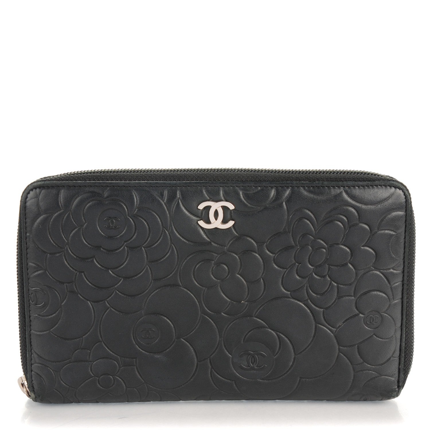Chanel Lambskin Camellia Embossed Zip Around Organizer Wallet Black 1 of 8