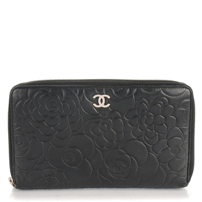 Chanel Lambskin Camellia Embossed Zip Around Organizer Wallet Black 1 of 8
