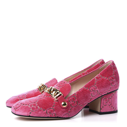 Gucci Velvet GG Monogram Sylvie Web Chain Mid Heel Loafers 39.5 Bright Pink 3 of 9