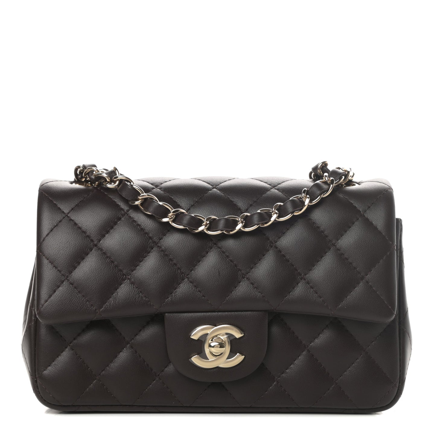 Lambskin Quilted Mini Rectangular Flap Dark Brown