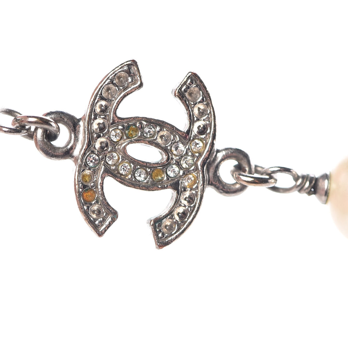 Pearl Crystal CC Necklace Silver Pearly White
