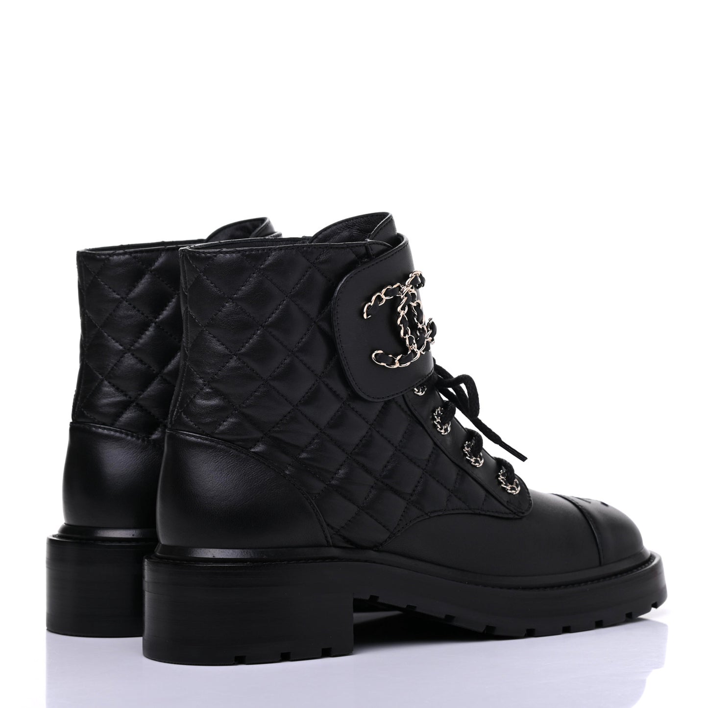 Shiny Lambskin Quilted Lace Up Combat Boots 39 Black