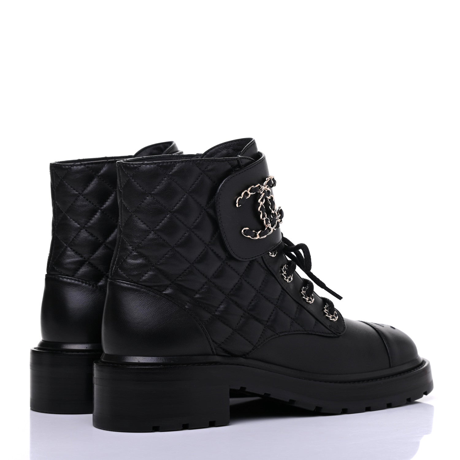 Chanel Shiny Lambskin Quilted Lace Up Combat Boots 39 Black 4 of 10