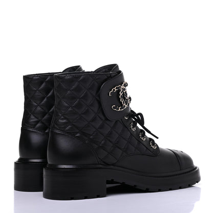 Chanel Shiny Lambskin Quilted Lace Up Combat Boots 39 Black 4 of 10