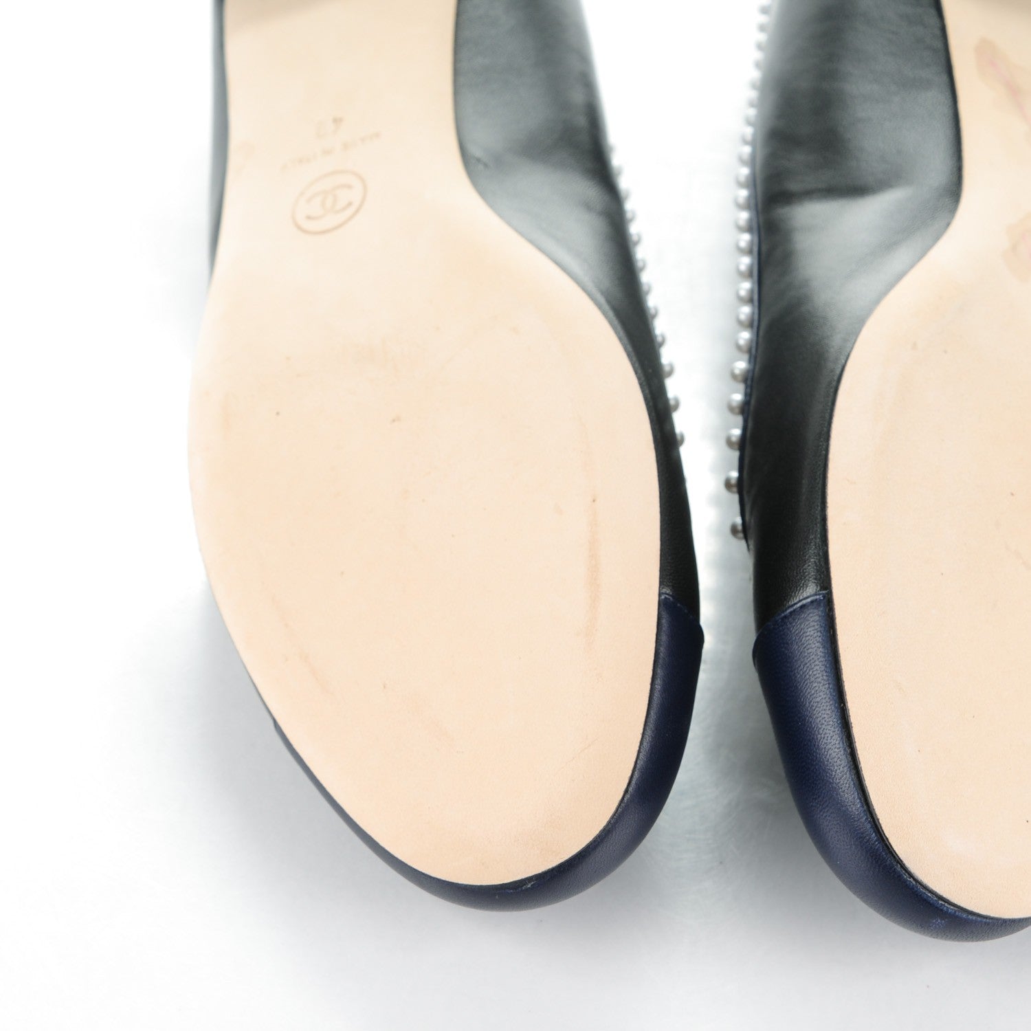 Chanel Lambskin Pearl Cap Toe CC Ballerina Flats 40 Black Navy 8 of 9