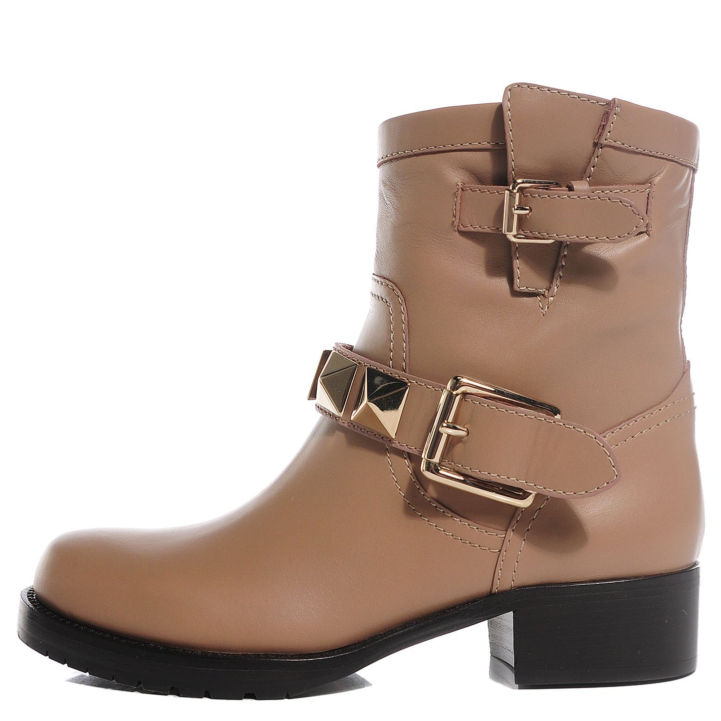Calfskin Lock Studded Biker Boots 36.5 Beige