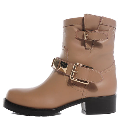 Valentino Garavani Calfskin Lock Studded Biker Boots 36.5 Beige 1 of 8