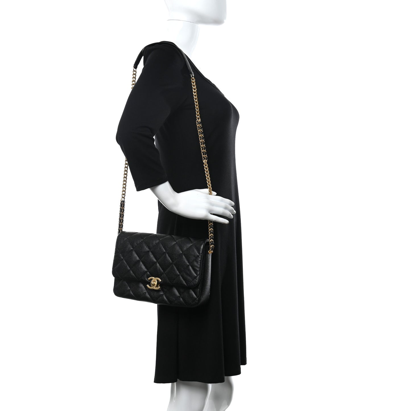 Shiny Caviar Quilted Large Chain Melody Flap Black