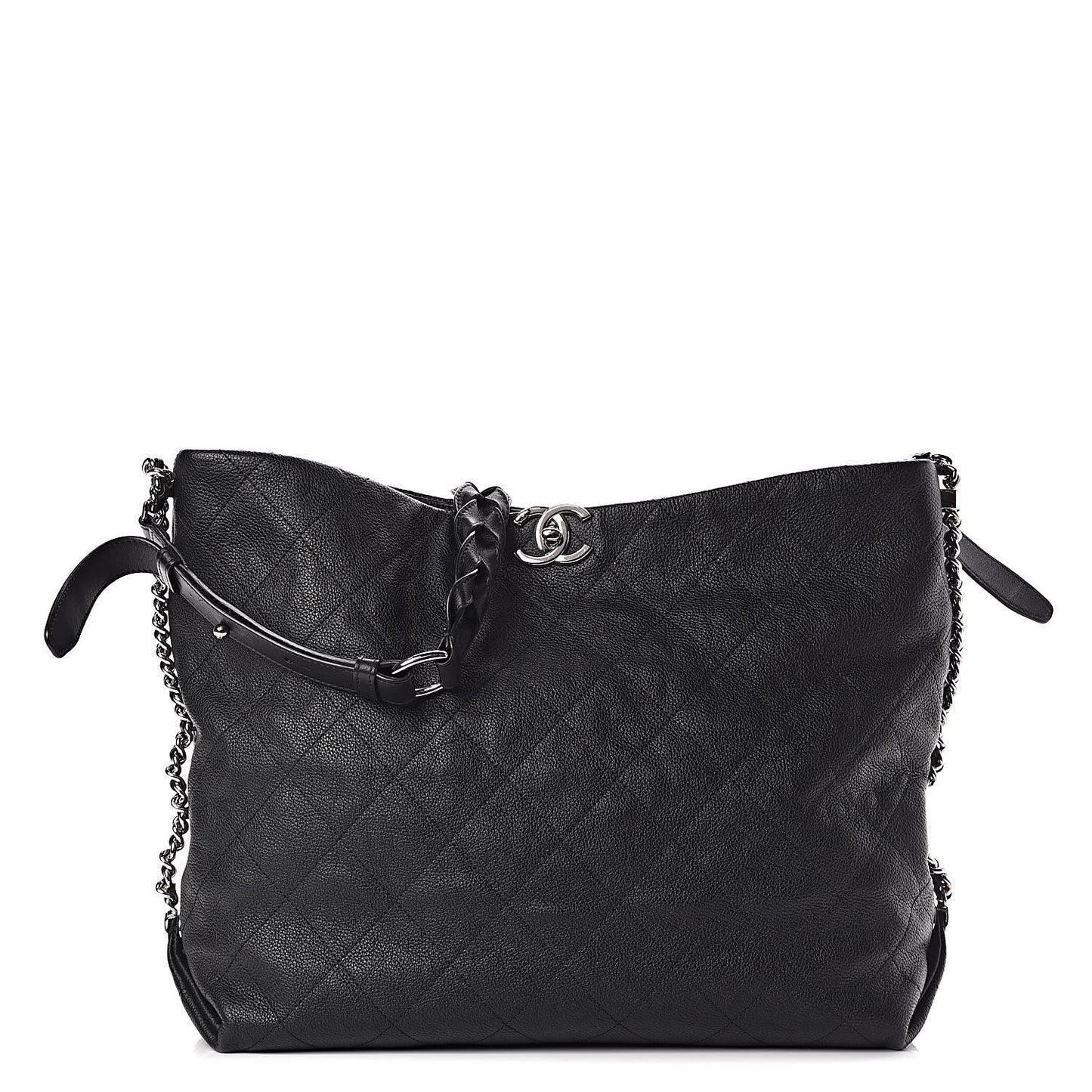 Grained Calfskin Stitched Medium Braided With Style Hobo Black
