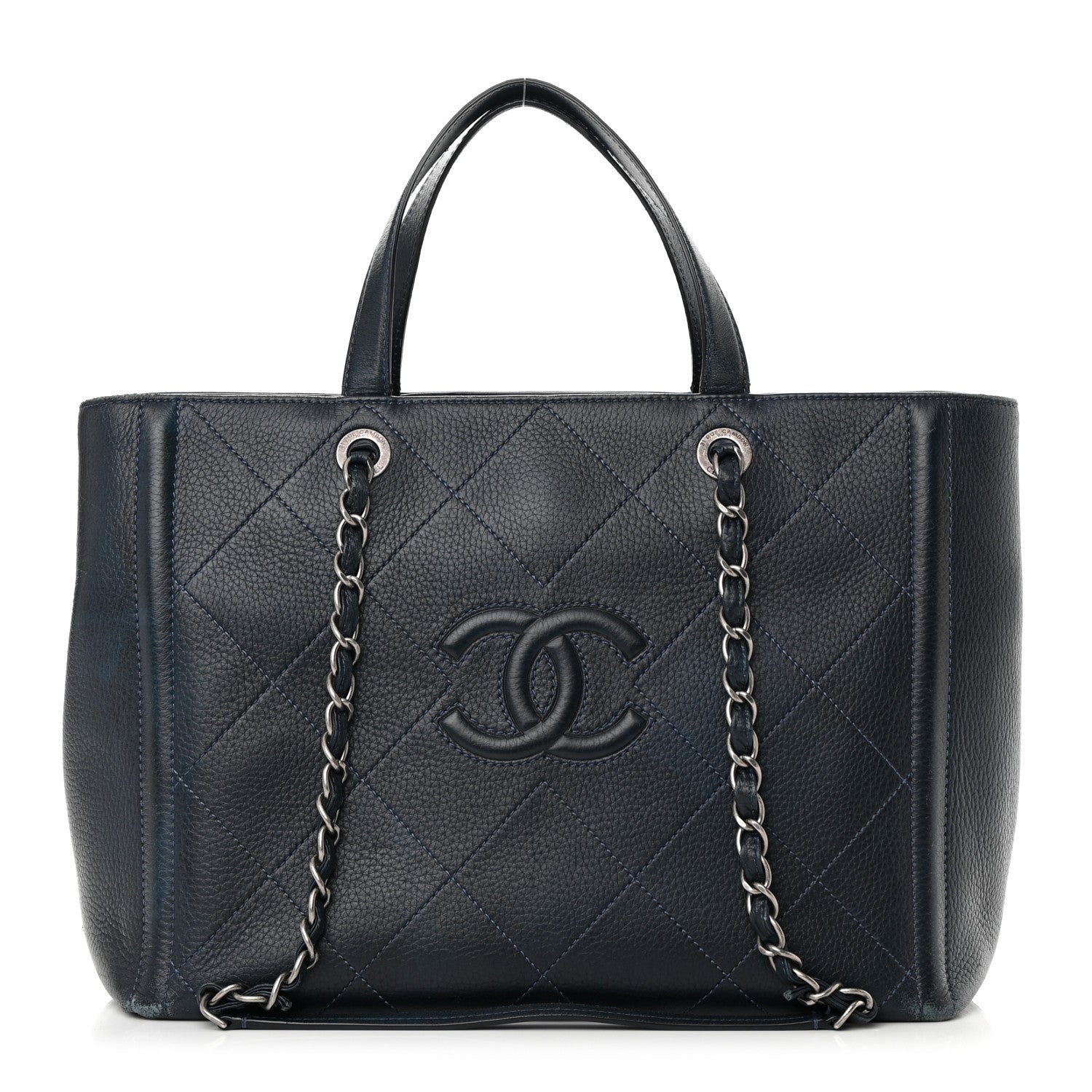 Chanel Deerskin Stitched Medium CC Shopping Tote Navy 1 of 24