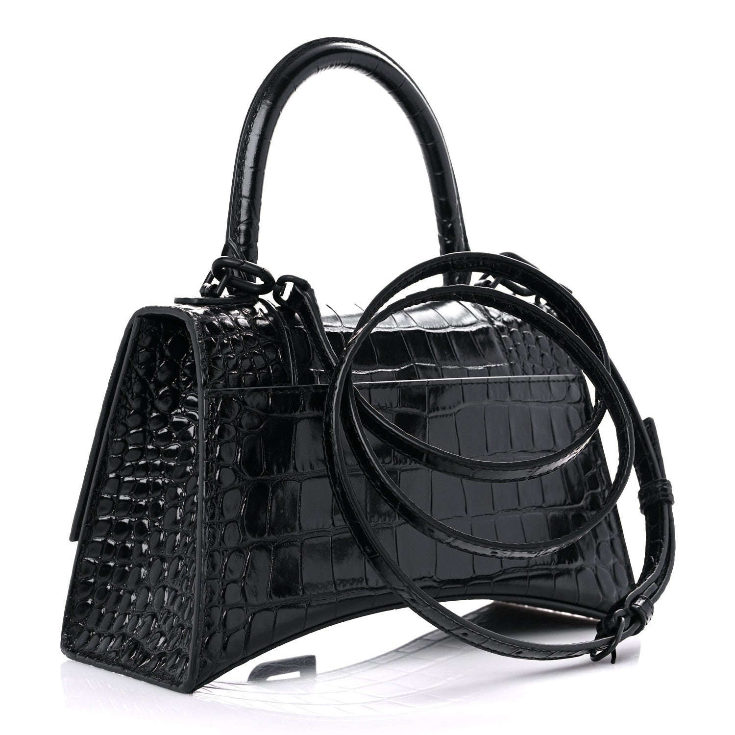 Balenciaga Shiny Calfskin Monochrome Crocodile Embossed Small Hourglass Top Handle Bag Black 3 of 16